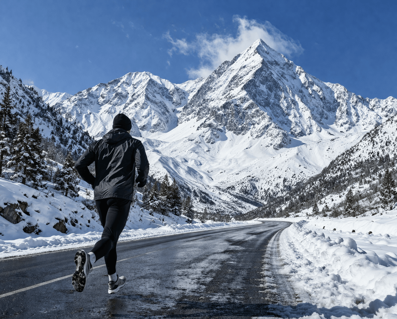 Running Beneath the Snow-Capped Mountains
